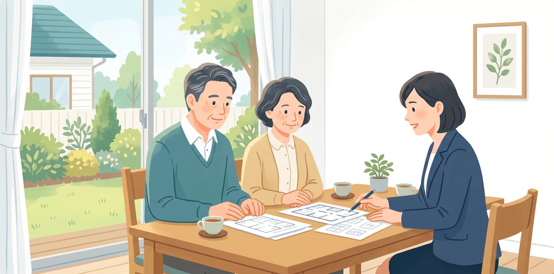 食卓で担当者と図面を見る様子